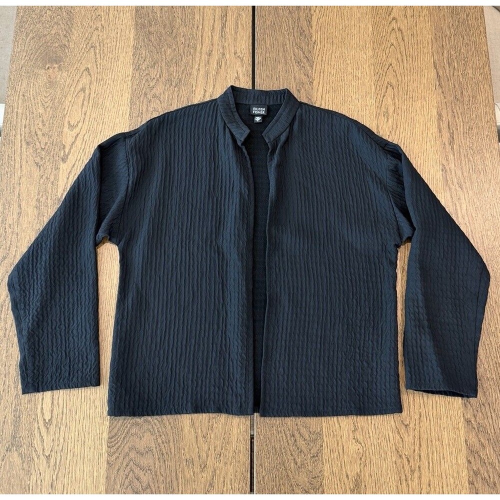 Eileen Fisher Wool Blend Open Front Cardigan Women’s Sz S Black Mandarin Collar